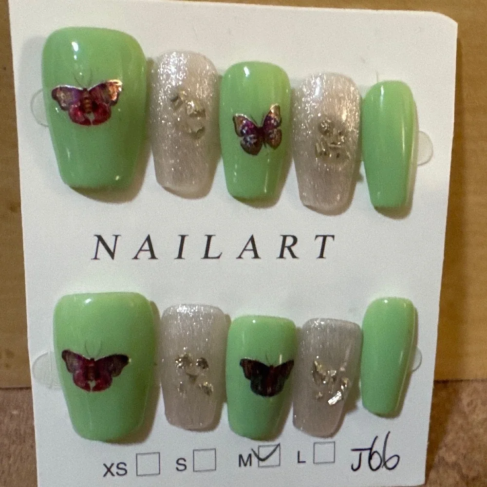 Mint Green Butterfly Silver‎ Glitter Press On Nails Coffin Shape Medium J66